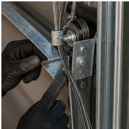Close up of garage door cables rollers and track hardware