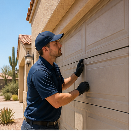 Technician inspecting a garage door for repair in Yuma