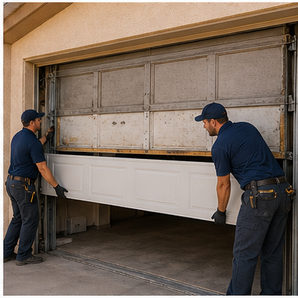 Technicians replacing an old garage door panel