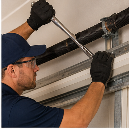 Technician working on a garage door torsion spring