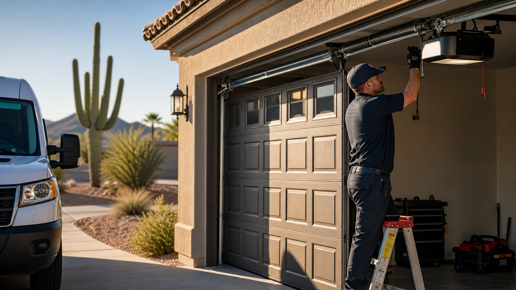 Garage door technician inspecting a residential garage door in Yuma